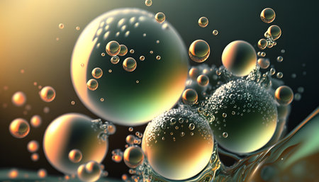 3d rendering of colorful bubbles in water with depth of field.の素材