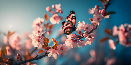 Beautiful pink cherry blossoms and butterfly on blue sky background.の素材