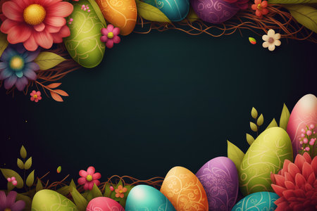 Easter background with colorful eggs and flowers. Vector illustration.の素材