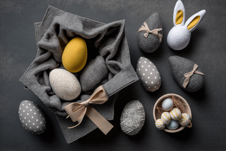 Easter composition with eggs and bunny on black background, top viewの素材