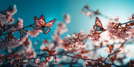 Beautiful cherry blossoms and butterfly on blue sky background. spring flowersの素材