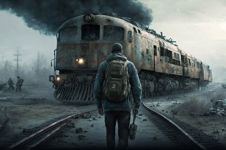 A man with a backpack on his back and a train in the backgroundの素材