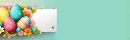 Easter banner with colorful eggs, flowers and place for text.の素材