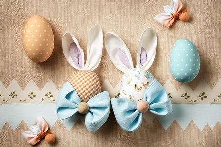 Easter eggs with bunny ears and ribbons on beige backgroundの素材
