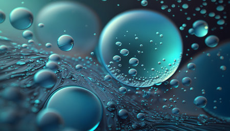 3d illustration of abstract background with water drops and bubbles in blueの素材