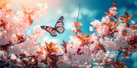 Beautiful cherry blossom sakura flowers with butterfly, spring nature backgroundの素材