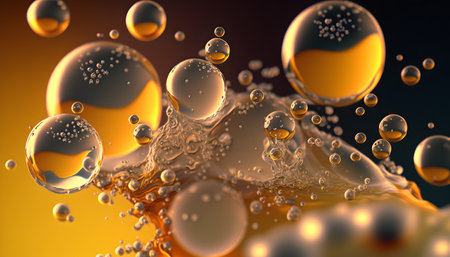 3d rendering of oil bubbles in water with yellow and orange backgroundの素材