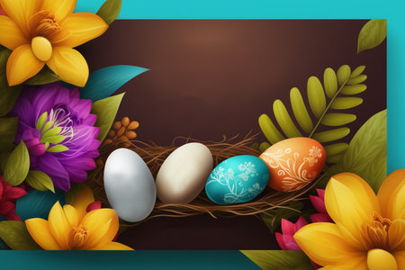 Easter eggs in nest with flowers on dark background. Vector illustration.の素材