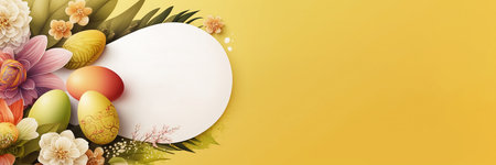 Easter eggs and flowers on a yellow background. easter banner.の素材