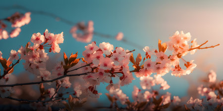 Beautiful cherry blossom sakura flowers on blue sky background.の素材