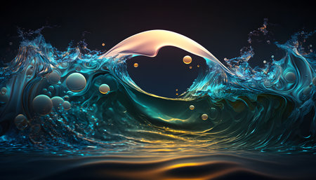 3D rendering, abstract background with waves and bubbles, computer generated imagesの素材