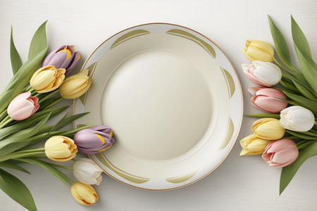 Empty plate with tulip flowers on white wooden table, top viewの素材
