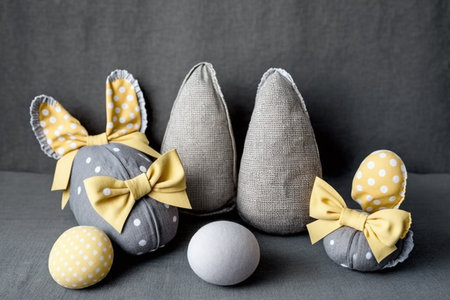 Easter eggs with polka dots and yellow bows on gray backgroundの素材
