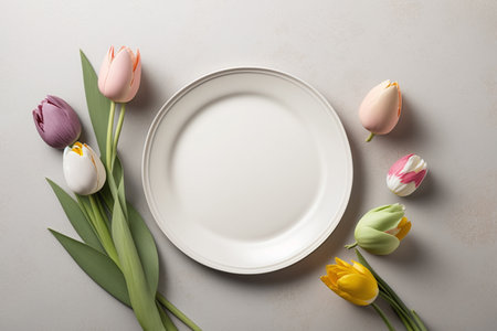 Empty plate and beautiful tulips on light background, top view. Easter table settingの素材