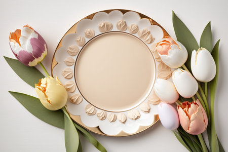 Easter table setting with tulips and marshmallows on white backgroundの素材