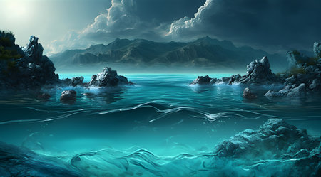 Fantasy landscape with sea and mountains. 3d render illustration.の素材