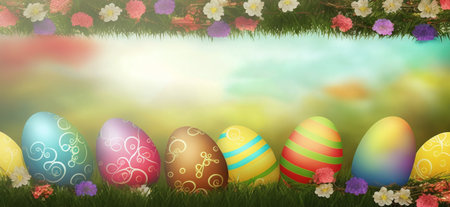 Easter background with colorful eggs, flowers and grass on the meadowの素材