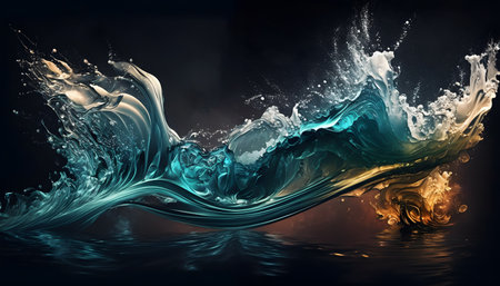 3d rendering of abstract ocean wave with water splashes on black backgroundの素材