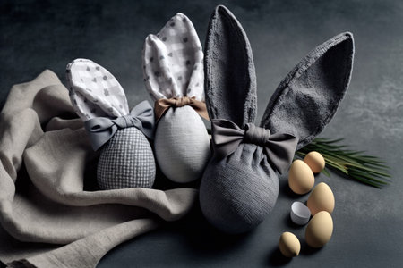 Easter eggs with bunny ears and linen napkin on dark backgroundの素材