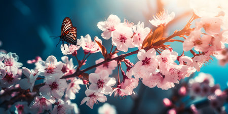 Beautiful blooming branch of cherry with butterfly on blue sky backgroundの素材