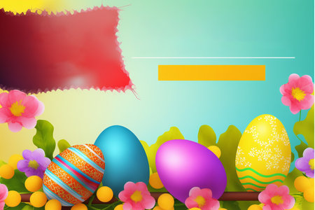 Easter background with colorful eggs, flowers and space for your textの素材