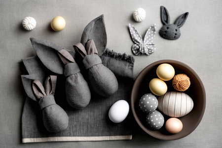 Easter eggs and rabbits on a gray background. top view.の素材