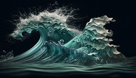 3D rendering of a sea wave with splashes isolated on black backgroundの素材
