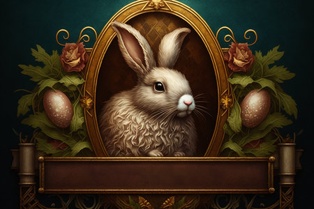 Easter card with a cute rabbit and eggs on a green backgroundの素材