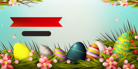Easter eggs on green grass background with red banner. Vector illustration.の素材