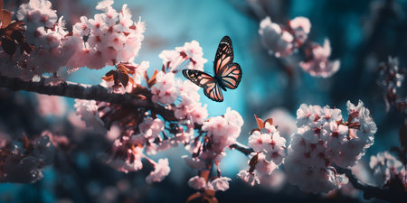 Beautiful blooming sakura tree with butterfly. Spring flowers backgroundの素材