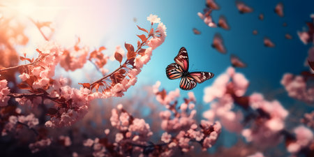 Beautiful pink cherry blossoms with butterfly on blue sky background.の素材