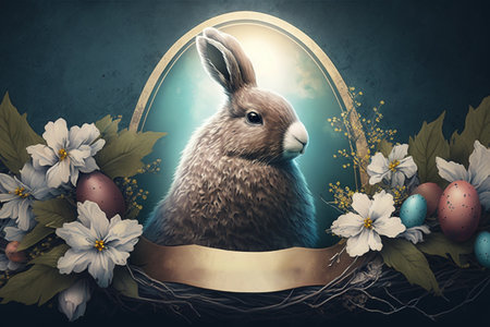 Easter bunny with eggs and spring flowers in nest on dark blue backgroundの素材