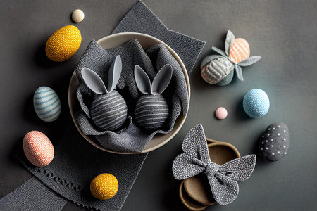 Easter eggs with bunny ears in a plate on a gray backgroundの素材