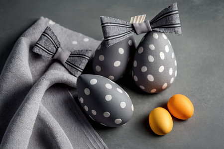 Easter eggs with polka dots and bow tie on gray backgroundの素材