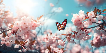Beautiful cherry blossom sakura flowers with butterfly on sky backgroundの素材
