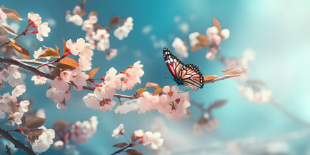Beautiful cherry blossoms and butterfly on blue sky background. Toned.の素材