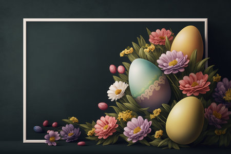 Easter eggs with flowers and frame on blackboard background. 3d illustrationの素材