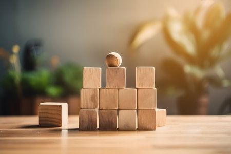 Wooden blocks stacking as step stair. Business growth concept.の素材