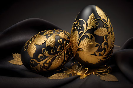 Easter eggs on a black silk background. black and gold.の素材