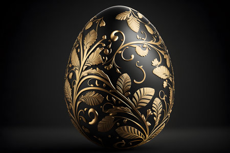 Easter egg with floral ornament on black background. 3d illustrationの素材