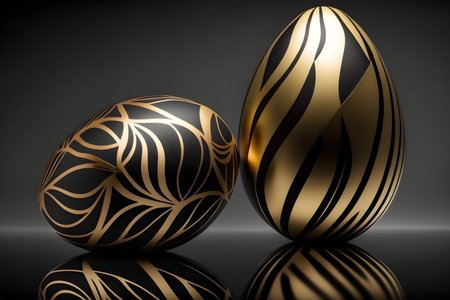 Golden Easter eggs on a black background. 3D illustration, 3D rendering.の素材