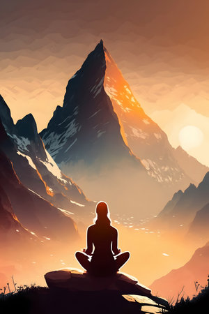 Illustration of a meditating woman in front of a mountain landscapeの素材
