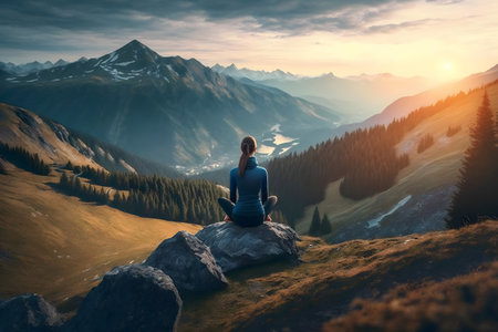 Young woman meditating on top of a mountain during a beautiful sunsetの素材