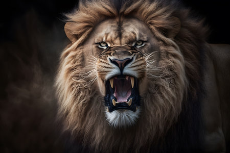 Big male lion with open mouth in dark background - close-upの素材