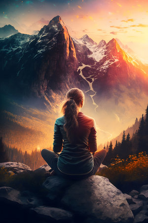 Woman sitting on the rock and looking at the mountains at sunset.の素材