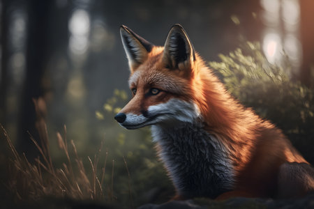 Red fox in the forest at sunset. Portrait of a wild animal.の素材