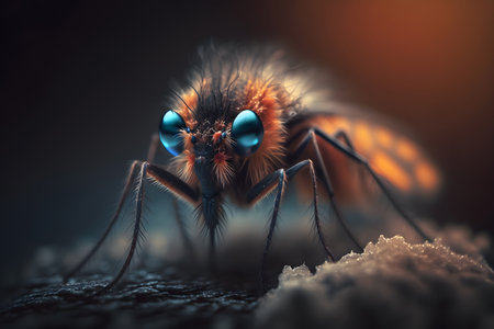 Macro shot of a jumping spider with blue eyes and black backgroundの素材