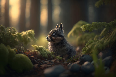 Little fox in the forest at sunset. Little fox in the forest.の素材