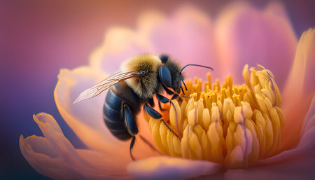 Bee on a flower. Macro photo of a bee pollinating a flower.の素材
