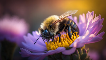 Bumblebee collecting pollen from a purple flower. macro shot.の素材